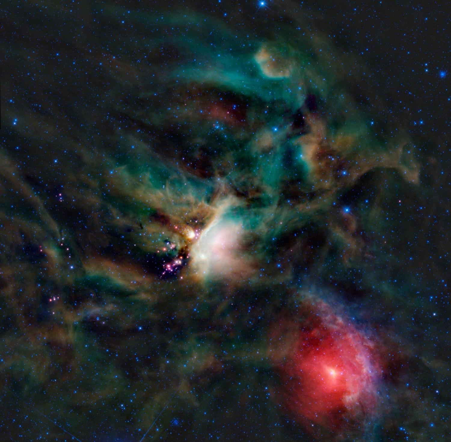 Infrared view of colorful dust clouds in the Rho Ophiuchi region, with glowing red, green and blue nebulae
