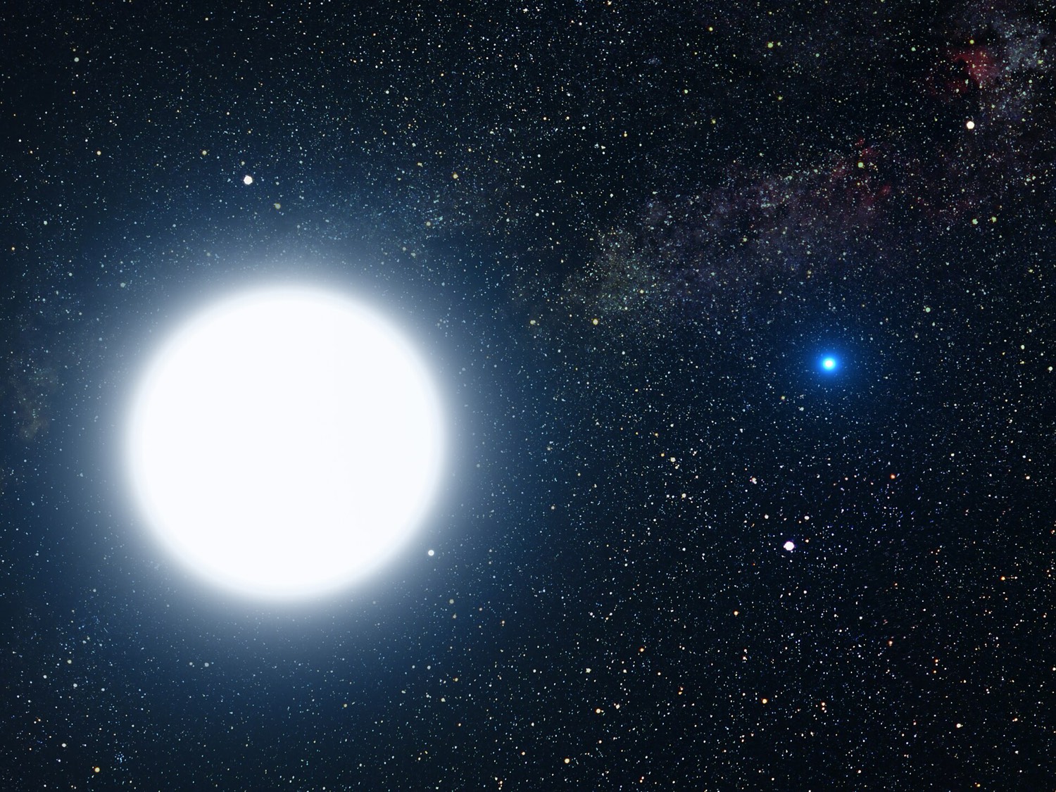 Artist's illustration of a large blue-white star with a much smaller, bright white companion star in the foreground